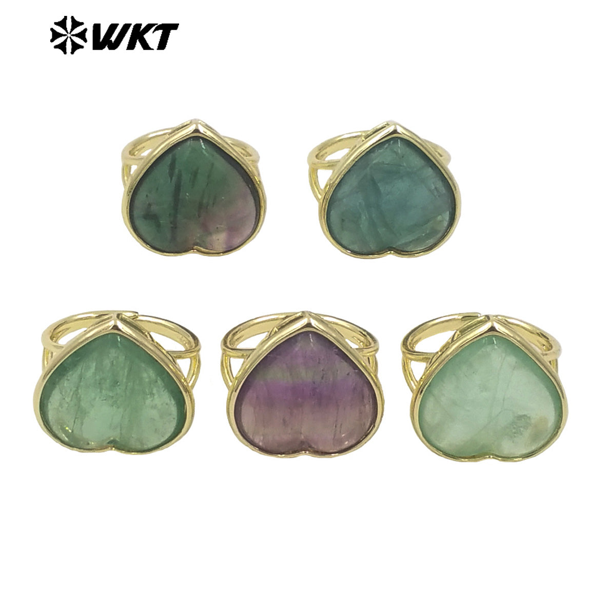 WT-R518 Wholesale Lovely Natural High Polish Rainbow Fluorite Heart Stone Ring for Lady Daily Use in Gold Bezel