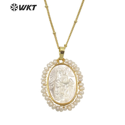 WT-JN158 Wholesale Unique Handmade Fashion Gold Bezel WIRE Wrapped Virgin Mary Pendant Necklace Freshwater Pearl Charm Necklace