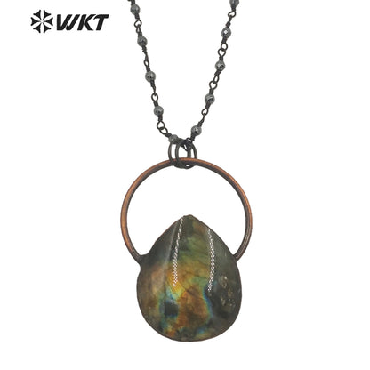 WT-N1334 WKT Vintage Shiny Antique Copper Water Drop Shape Natural Stone Labradorite with Copper Big Ring Jewelry Necklace