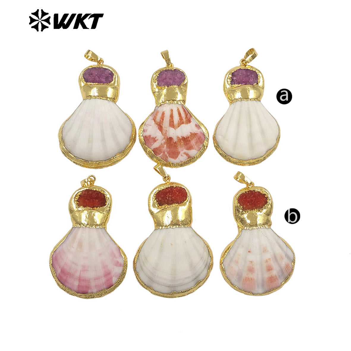 WT-JP507 New Arrival Gold Electroplated Natural Scallop Shell And Druzy Quartz Stone Splicing Pendant For Unique Jewelry DIY