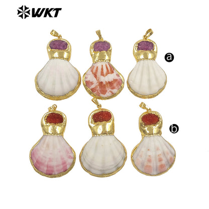 WT-JP507 New Arrival Gold Electroplated Natural Scallop Shell And Druzy Quartz Stone Splicing Pendant For Unique Jewelry DIY
