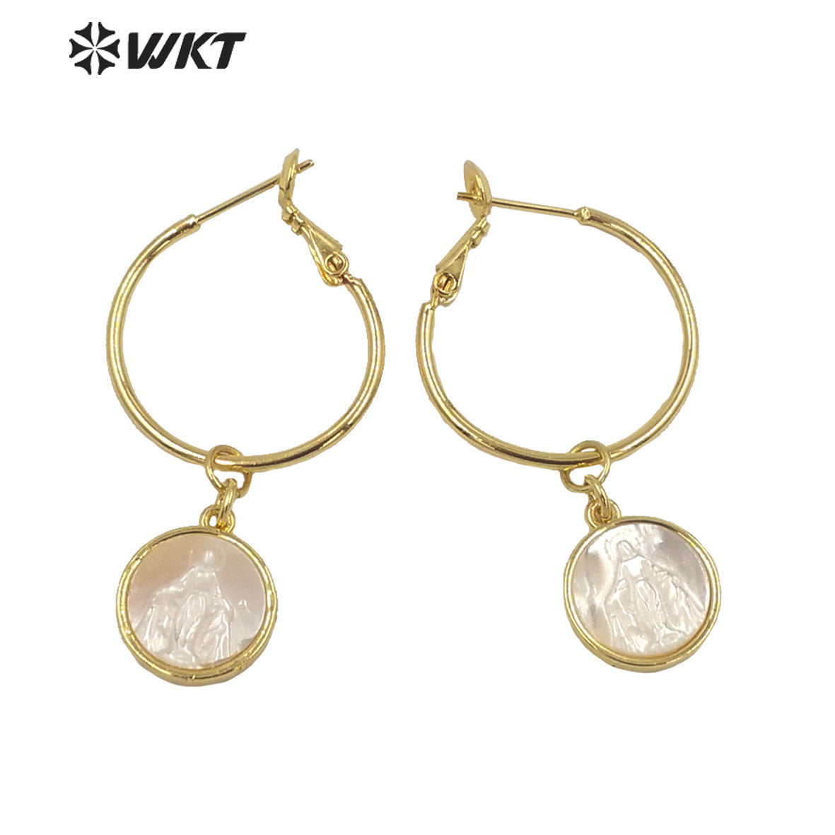 WT-MPE047 Amazing Fawshion Gold Religious Push Back Mary Pendant Earrings Women Big Round Clasp Earrings Virgin Shell Earrings