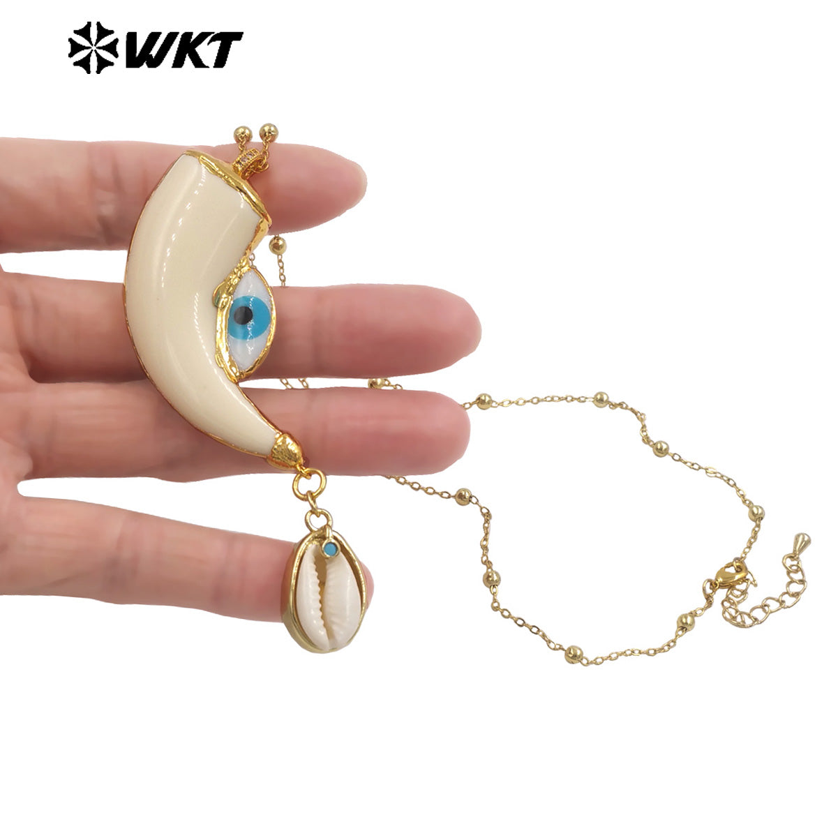 WT-JN355 Amazing Artistic Gold Plated Beads Chain With Double Natural Shell Charms Necklace For Women Unique Halloween Gifts