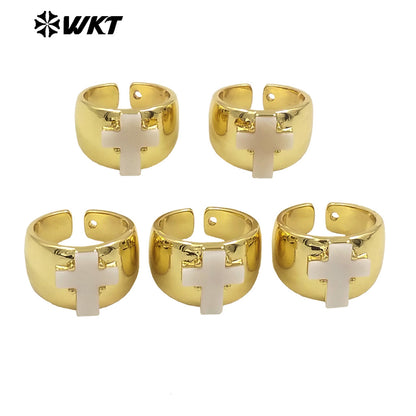WT-MPR100 Wholesale New Religious Natural White Shell Made Cross Ring for Women 18K Real Gold Plated Brass Cocktail Wide Band