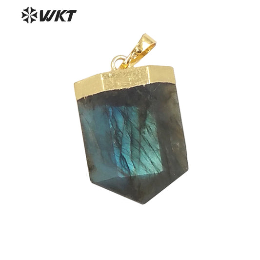 WT-P1844 WKT Newest Design Double Faceted Hexagon Shape Natural Labradorite Pendant 18k Gold Flash Stone Pendant