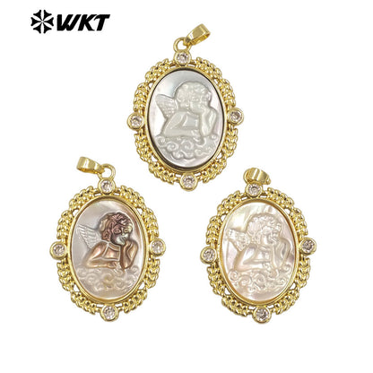 WT-JP371 Wholesale Fashion Gold Plated Oval Shape 18K Real Gold Plated Handmade Carved Mother of Pearl Shell Angel Pendants