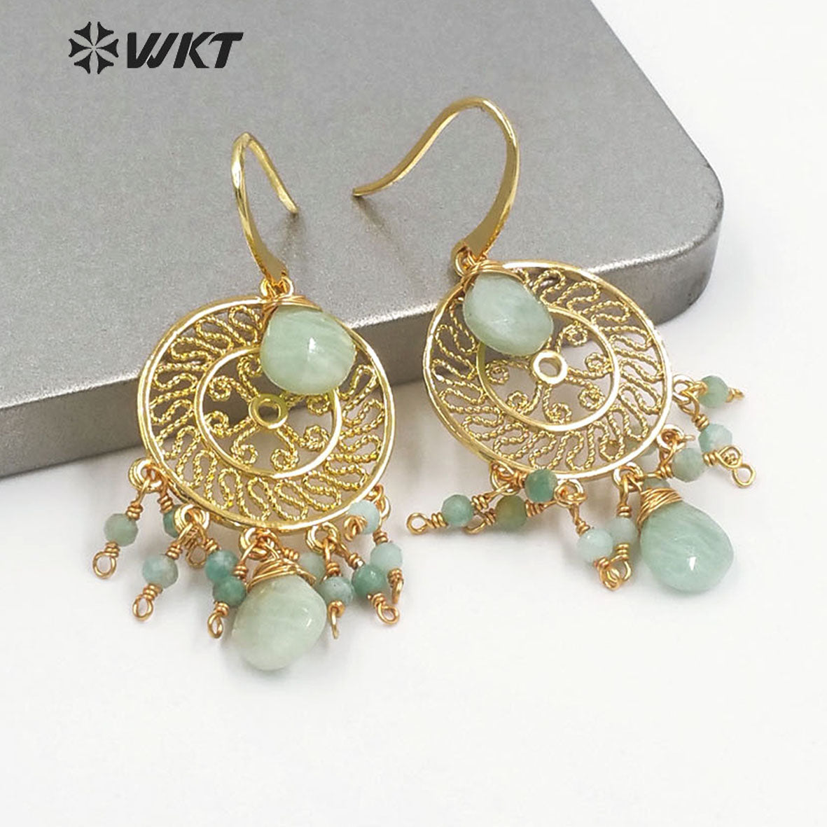 WT-E695 Bohemia Fashion Gold Gypsy Earrings with Natural Gemstone Made Dangle Earrings Handmade DIY Stone Hoop Earrings