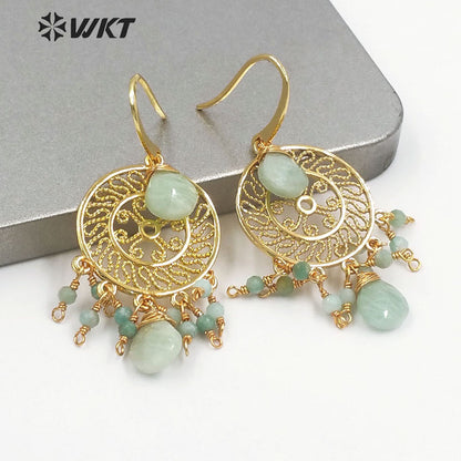 WT-E695 Bohemia Fashion Gold Gypsy Earrings with Natural Gemstone Made Dangle Earrings Handmade DIY Stone Hoop Earrings