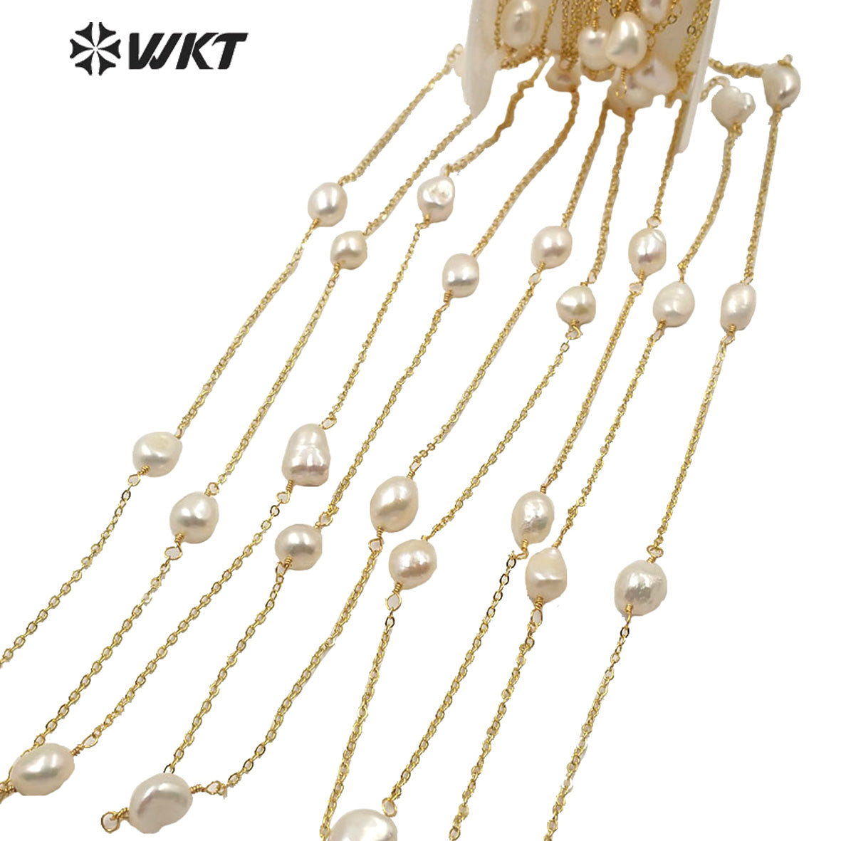 WT-RBC164 Fashion Women Hand Make Natural Freshwater Pearl Chain for Necklace Design 18k Gold Electroplated No Fade Pearl Chain