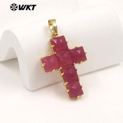 WT-P2113 Wonderful Gold Plated Square Natural Gemstones Splicing Cross Shape Pendants As Friend Handmade Jewelry Gift Findings
