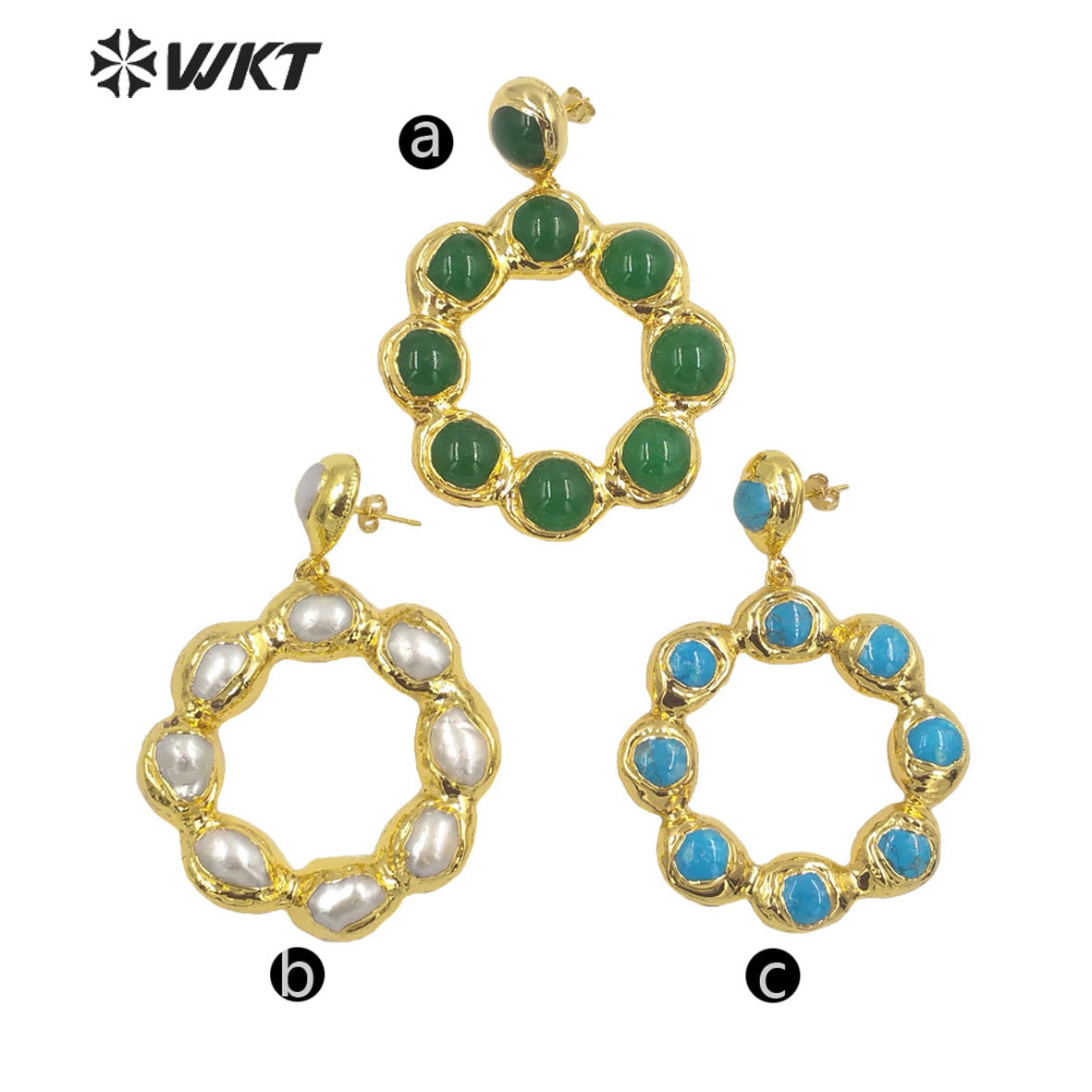 WT-MPE081 Wholesale Fashion Gold Electroplated Freshwater Pearl and Stone Round Ring Earrings Big Dangle Pendant Earrings