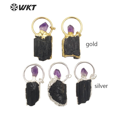 WT-P1960 Wholesale Fashion 18K Gold Plated Raw Stone Black Tourmaline With Amethyst Charm Energy Jewelry Pendants