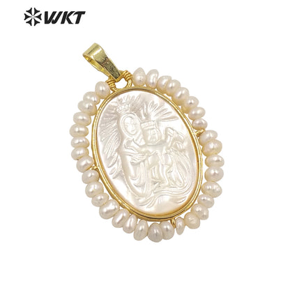WT-JP255 Amazing White Shell Carved Vintage Marry Pendant Handmade Pearl Charm Wrapped Religions Mother of Jesus Pendants