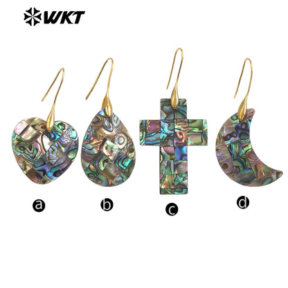 WT-MPE159 Hot Sales Romantic Style Natural Abalone Shell Earrings in Gold Plated Cross Heart Waterdrop Moon Shape Ladies Gift
