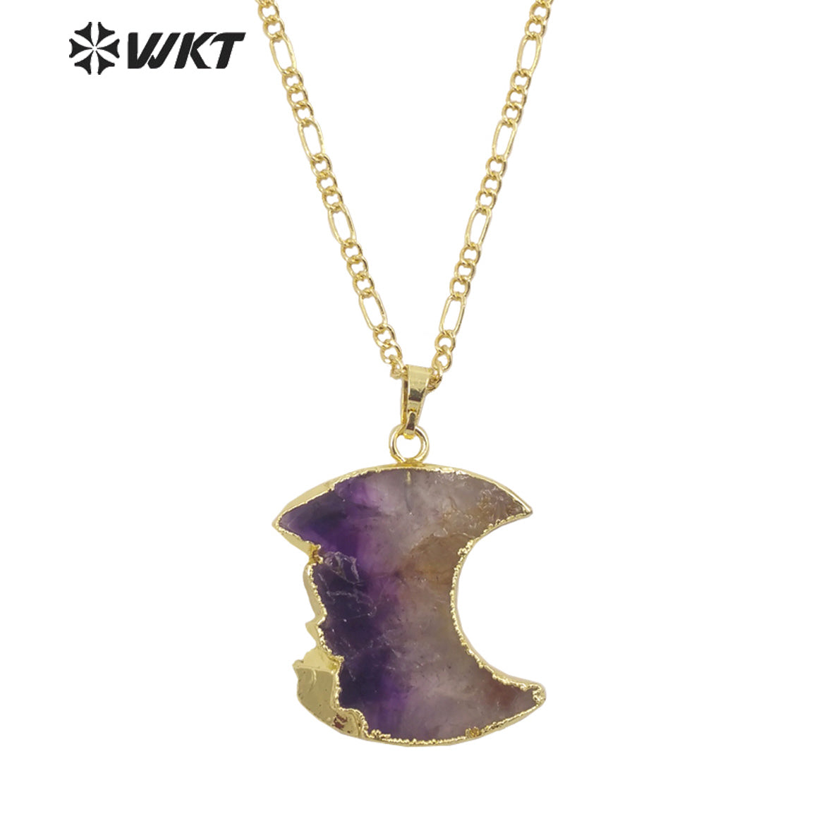 WT-N1316 Newest Fashion Gold Trim Half Moon Amethyst Stone Necklace Hot Slice Crescent Moon Pendant Necklace in Natural