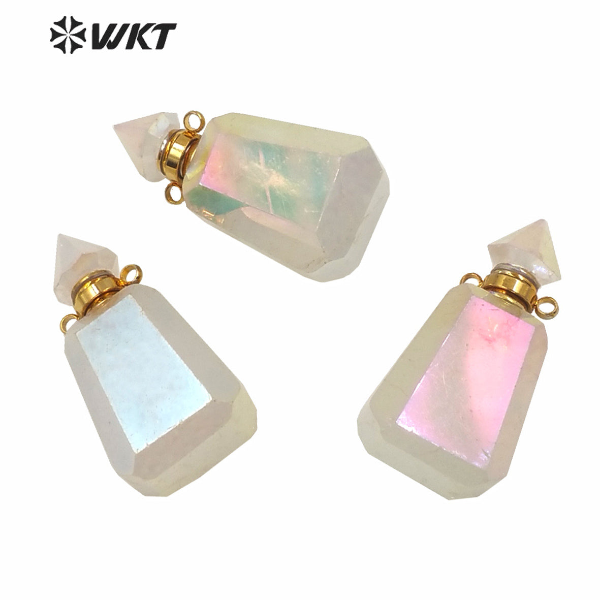 WT-P1616 WKT Newest Natural Crystal Quart Aura Angel Perfume Bottle Fashion Gold Exclusive Design Aura Spirit Bottle Pendant