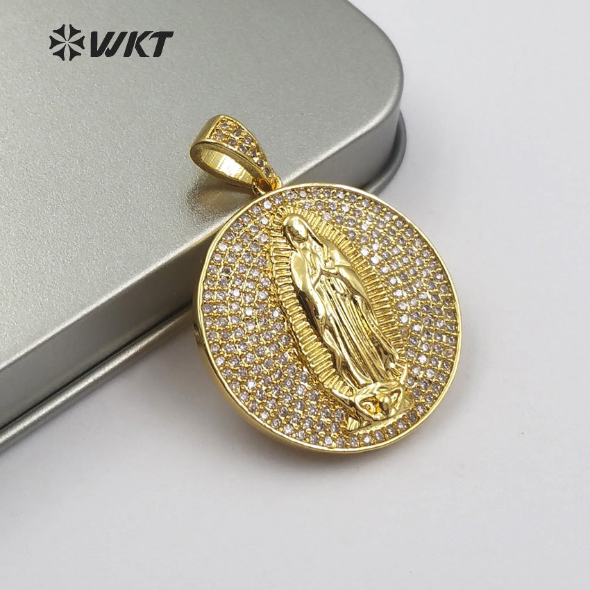 WT-MP106 New Arrival Gold or Silver Color for Women Virgin Mary Medallion Pendant Round Shape Dainty Cubic Zirconia Pave Pendant