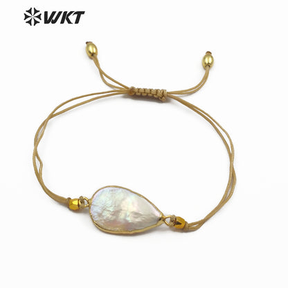WT-B447 Handmade Pearl Bracelet Teardrop Shape Pendant With Gold Trim Rope Adjustable Jewelry Natural Freshwater Pearl Bracelet