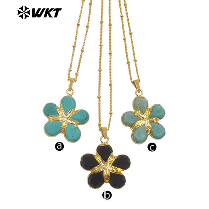 WT-N1497 New Fashion Beads Chain With Gold Plated Natural Gemstone Flowers Shape Pendant Necklace As Lady Birthday Gift