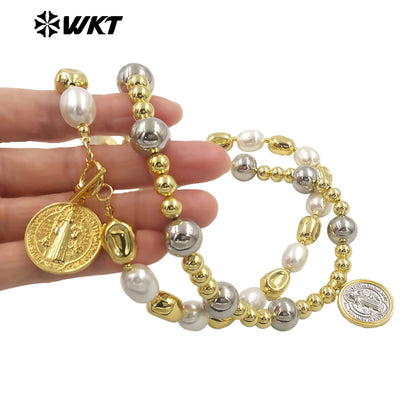 WT-JN303 Customize 18K Gold Plated and Silver Round Flat Pearl Beads Religious Shell Necklace Fashion Special Jewelry for Ladies
