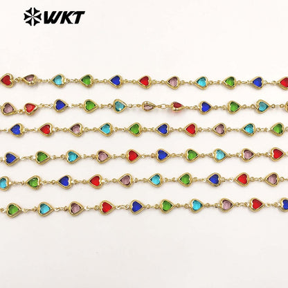 WT-BC280 Lovely Style Gold Plated Yellow Brass And Colorful Crystal Heart Shape Chain For Lady Party Bracelets DIY Design