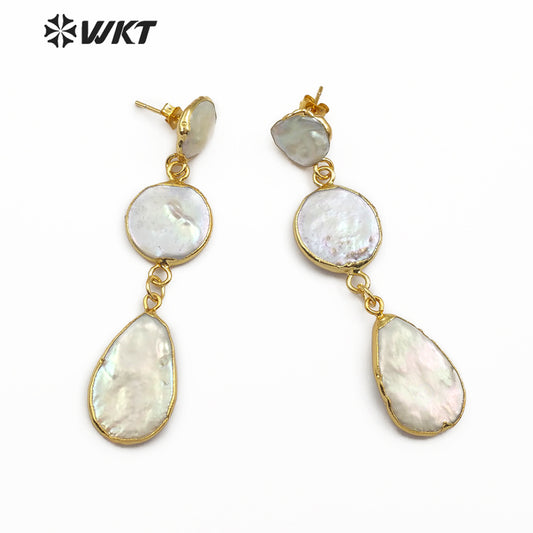 WT-E491 Three Pearls in Round Teardrop Shape Gold Earring Wedding Pearl Jewelry Gift for Her Natural Freshwater Pearl Earring