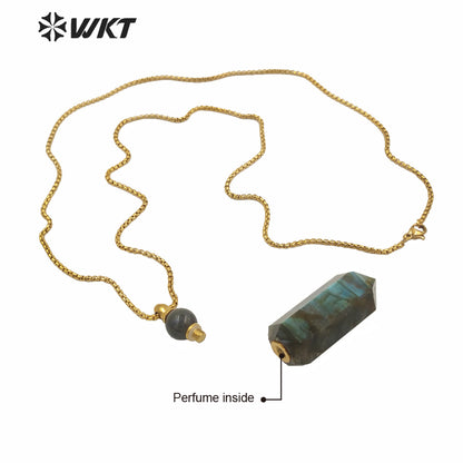 WT-N1256 Wholesale Gold Stainless Steel Hexagonal Shape Natural Labradorite Stone Gold Stainless Steel Metal Rose Quartz Stone