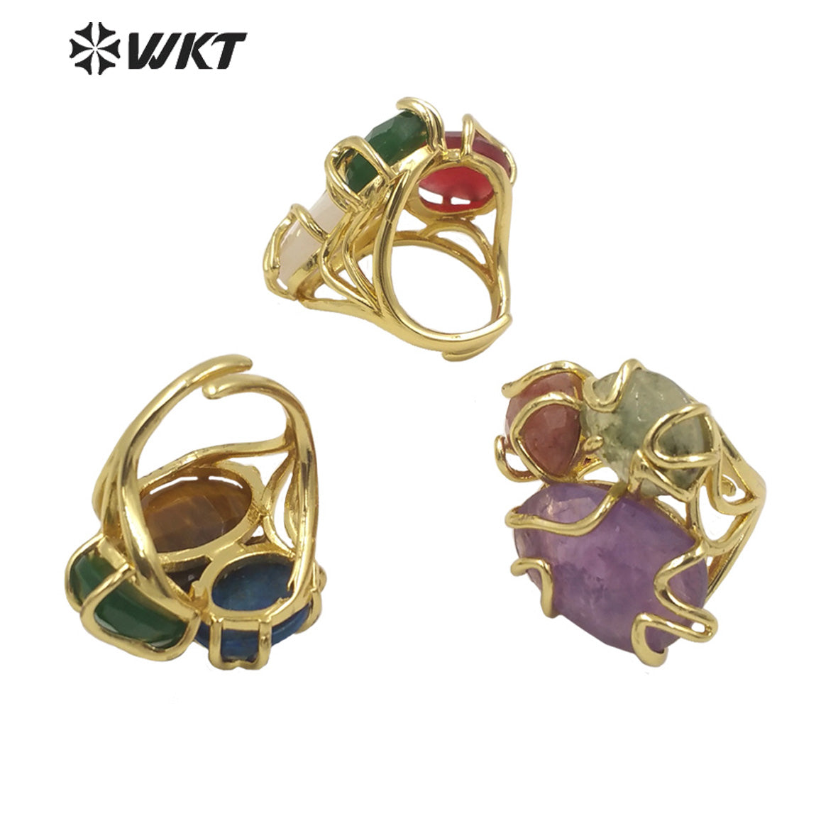 WT-R417 WKT NEW Design Gorgeous Triple Natural Gemstone Claw Setting Stone Ring Women Adjustable Precious Colorful Gold Ring