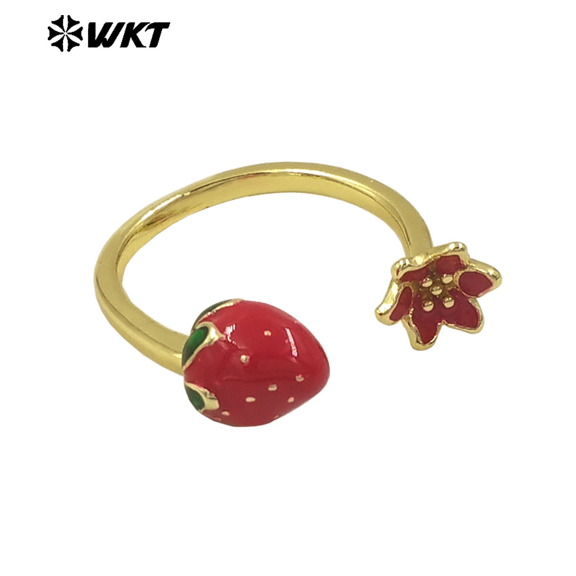 WT-RF008 Wholesale Gold Plated Women Ring Adjustable Size Strawberry And Flower Charm For Daily Wearing Jewelry Accessory