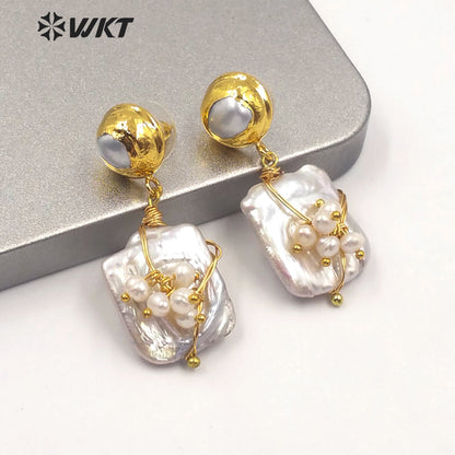 WT-MPE017 Natural Handmade Pearl Dangling Earring Wire Wrapped Pearl Beads Fashion Charming Jewelry Freshwater Pearl Earring