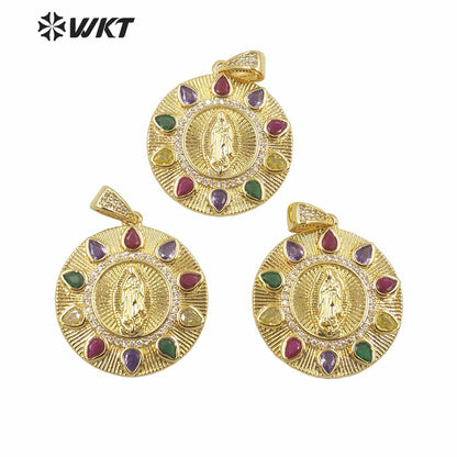 WT-MP282 Newest Vintage Style Colorful Female Deity Shaped Rectangle Shaped Cubic Zircon Madonna Design Pendant
