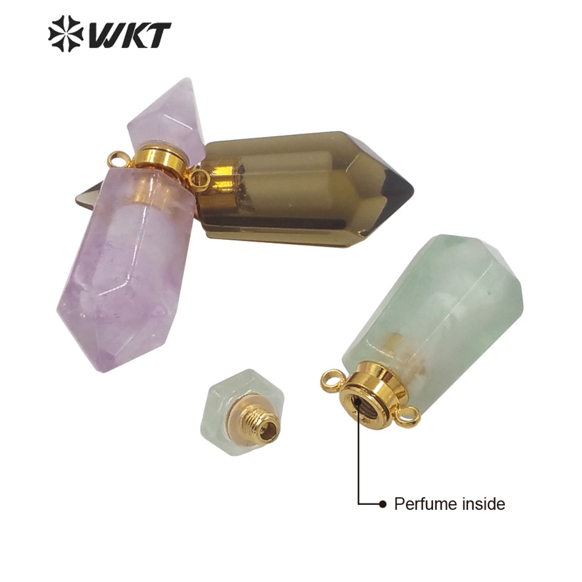 WT-P1638 Amazing Gold Natural Double Point Spirit Quartz Perfume Bottle Stone Pendant High Quality Jewelry Bottle Pendants