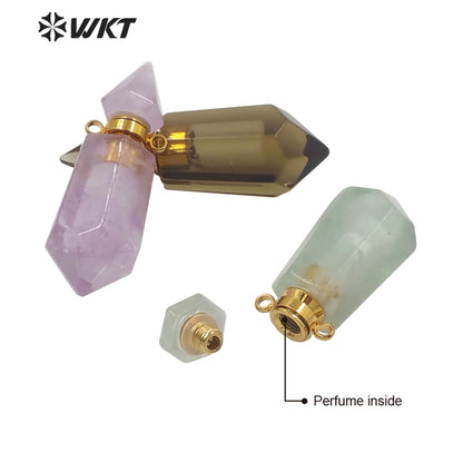 WT-P1638 Amazing Gold Natural Double Point Spirit Quartz Perfume Bottle Stone Pendant High Quality Jewelry Bottle Pendants