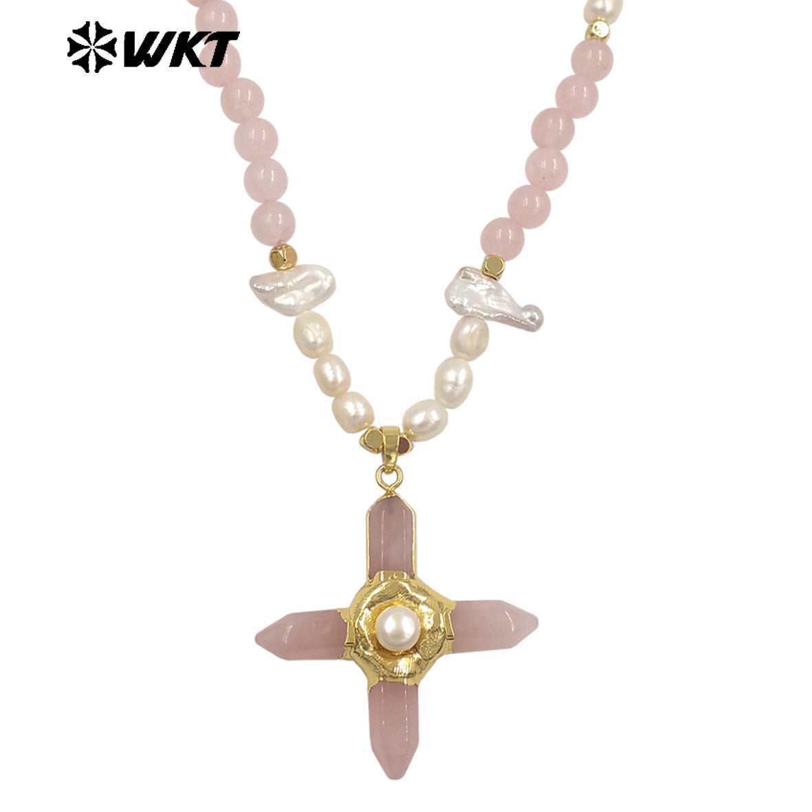 WT-JN375 High Quality Women Beautiful Gold Plated Natural Gemstones And Pearl Splicing Chain With Stone Cross Pendant Necklace