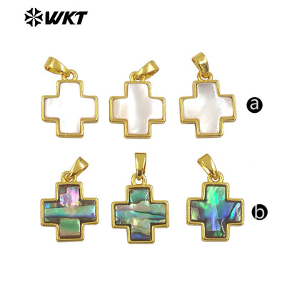 WT-JN283 Amazing Gold Plated Religious Natural Abalone Shell Cross Pendant Necklace for Women 10PCS