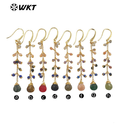 WT-E725 Amazing Colorful Gemstone Wire Wrapped Long Charming Earrings Women Dangle Gold Birthday Stone Earrings in Drop