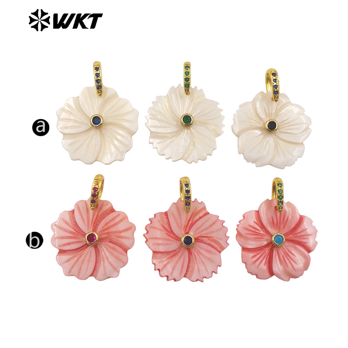 WT-JP477 Fashion Cute Style White And Pink Natural Shell With Zircon Hand Carved Multi Flower Shape Pendants For Necklace DIY