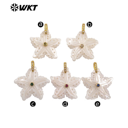 WT-JP521 Lovely Interesting Zircon And Natural White Shell Starfish Shape Gold Pendant For Women Handmade Jewelry Decorative
