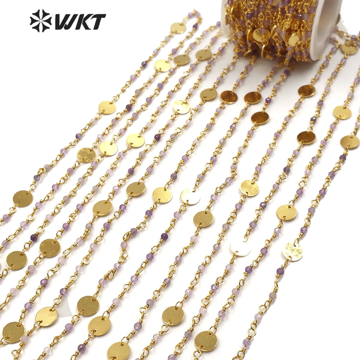 WT-RBC142 Wholesale Amethyst Beads Chain Hotsale Gold Plated Amethyst Rosary Beads Chain for Jewelry Making