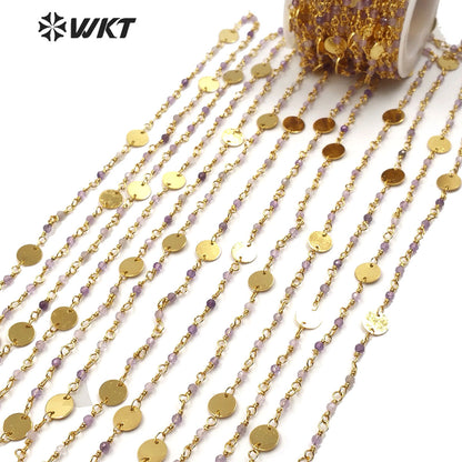 WT-RBC142 Wholesale Amethyst Beads Chain Hotsale Gold Plated Amethyst Rosary Beads Chain for Jewelry Making