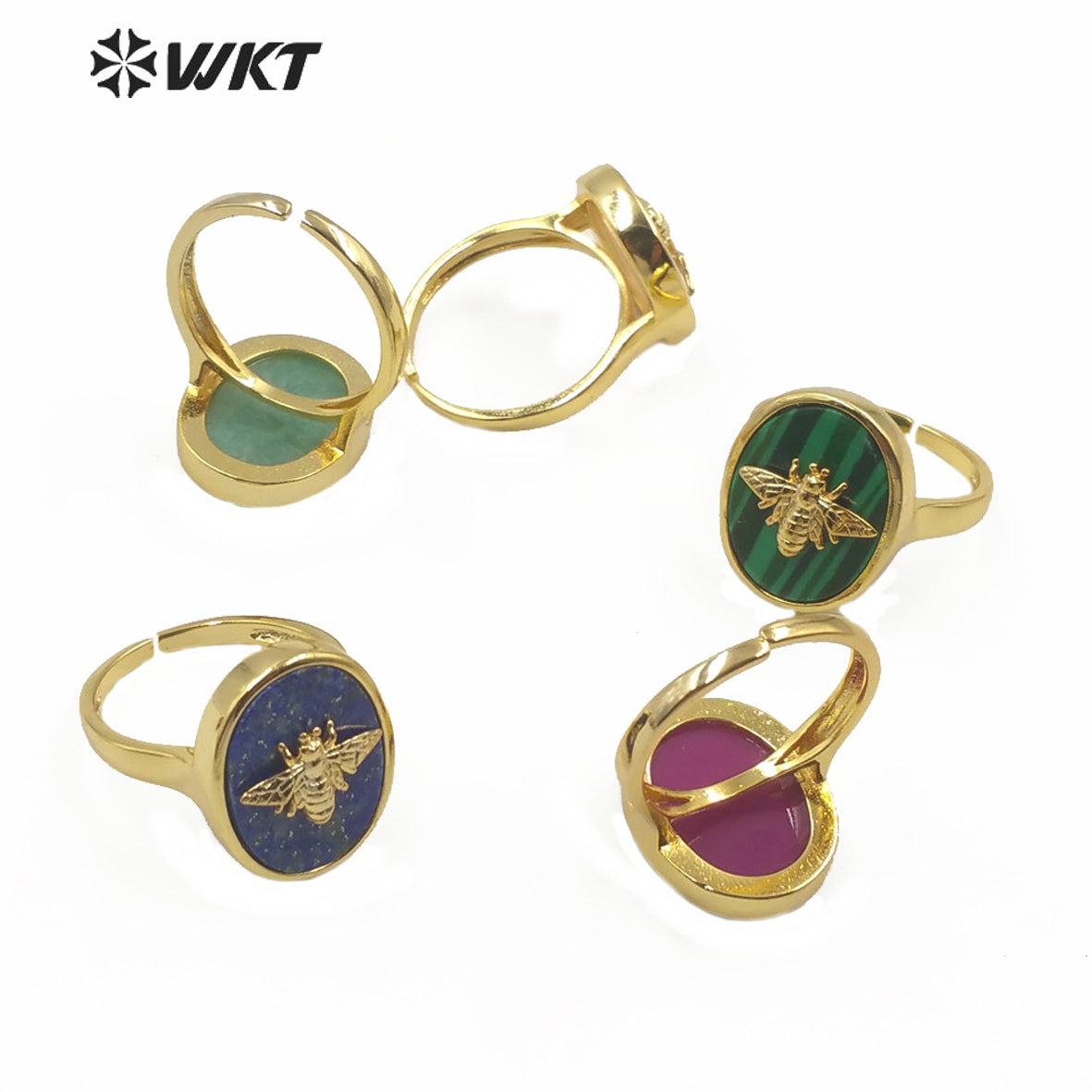 WT-R353 Unique Design Natural Stone Insect Charm Ring Oval Gemstone Ring Fashion Jewelry Multicolor Adjustable Ring