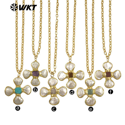 WT-JN346 Popular 18K Gold Plated Natural Turquoise Amethyst Stones And Shell Flower Shape Pendant Necklace As Party Jewelry