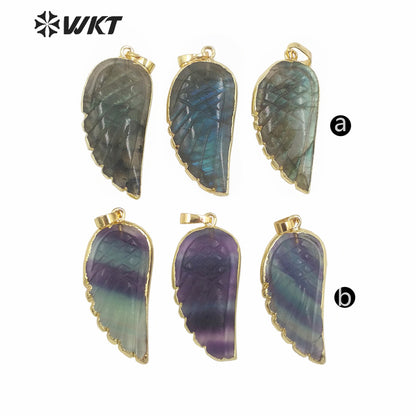 WT-P1936 Wholesale Hot Sale Fashion Design Natural Rainbow Fluorite & Labradorite Wing Shaped Pendant