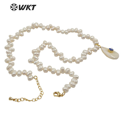 WT-JN115 Wholesale 16" Natural Pearl Beads Necklace With Eye Charm Shell Pendant Fashion Lady Jewelry Pearl Necklace