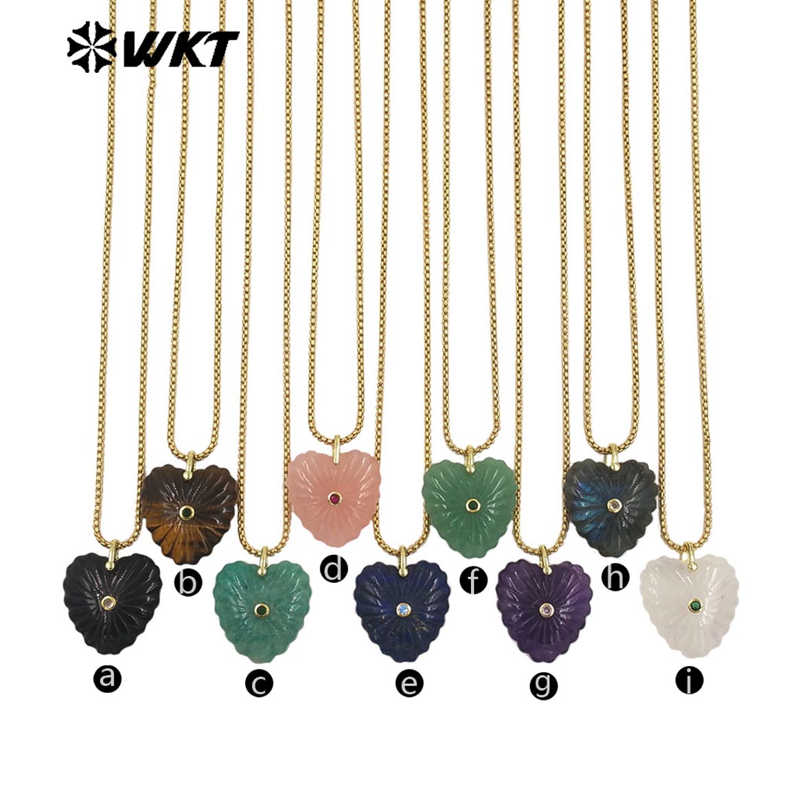 WT-N1524 Romantic Design Gold Chain And Various Natural Gemstones Carved Heart Shape Pendant Necklaces As Valentines’s Day Gift