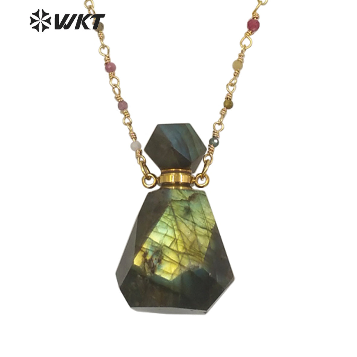 WT-N1268 WKT Precious 18 Inch Long rainbow Tourmaline Chain Perfume Bottle Necklace High Flash Labradorite Bottle Necklaces