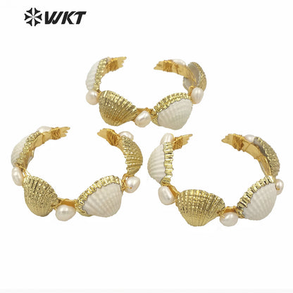 WT-MPB025 WKT Newest Gold Electroplated Natural Scallop Shell Cuff Bangle Amazing Gold Hand Make Wire Wrapped Shell Bangle