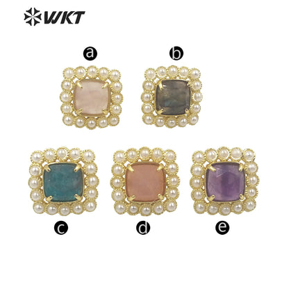WT-MPE120 Amazing Elegant Square Artificial Pearl With Natural Stone Claw Setting Women Bohemian Studs