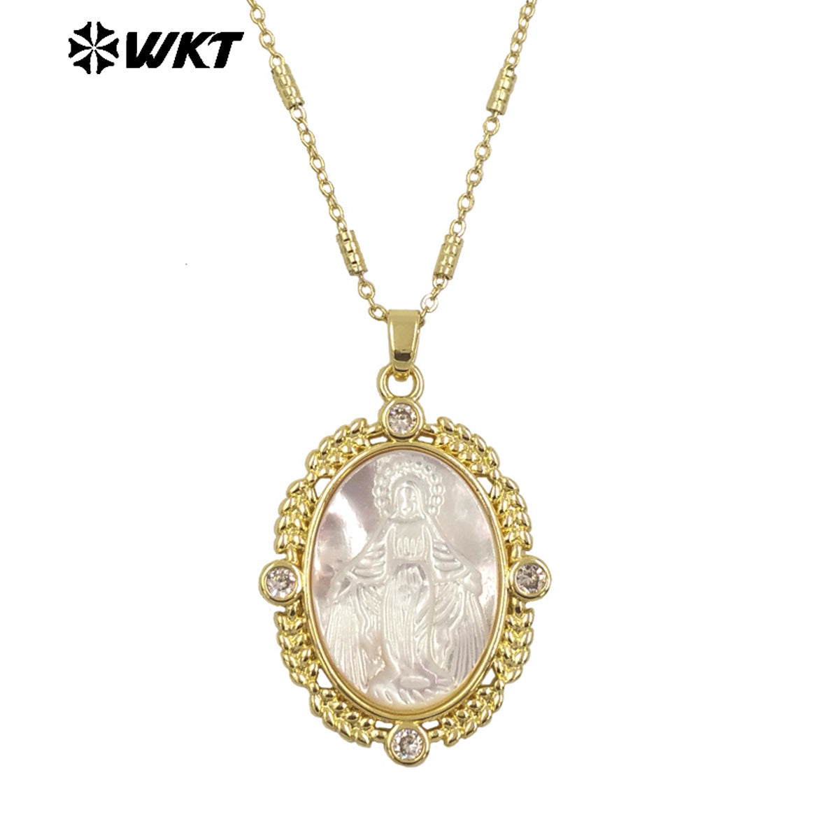 WT-JN272 Amazing Gorgeous Cubic Zircon Around 18K Real Gold Plated Brass Bezel Setting Shell Carved Lady of Grace Necklace