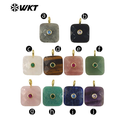WT-P2089 Factory Wholesale Colorful Zircon And Natural Gemstone Square Gold Pendant For Handmade Jewelry Design Findings
